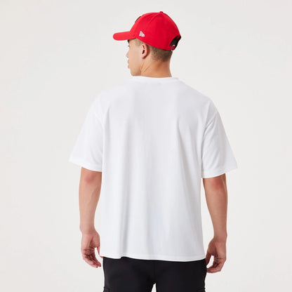 The Male model is wearing Chicago Bulls NBA Script White Oversized T-Shirt 5