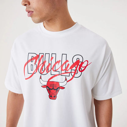 The Male model is wearing Chicago Bulls NBA Script White Oversized T-Shirt 4