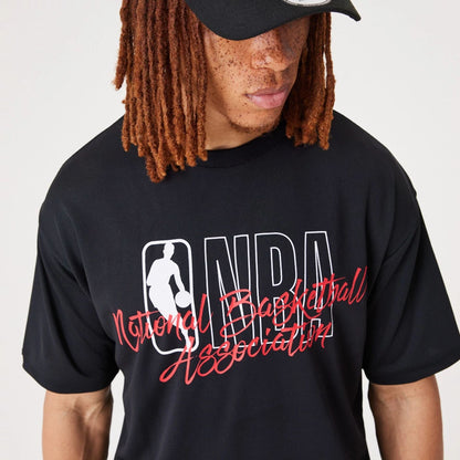 The Male model is wearing NBA Logo Script Black Oversized T-Shirt 1