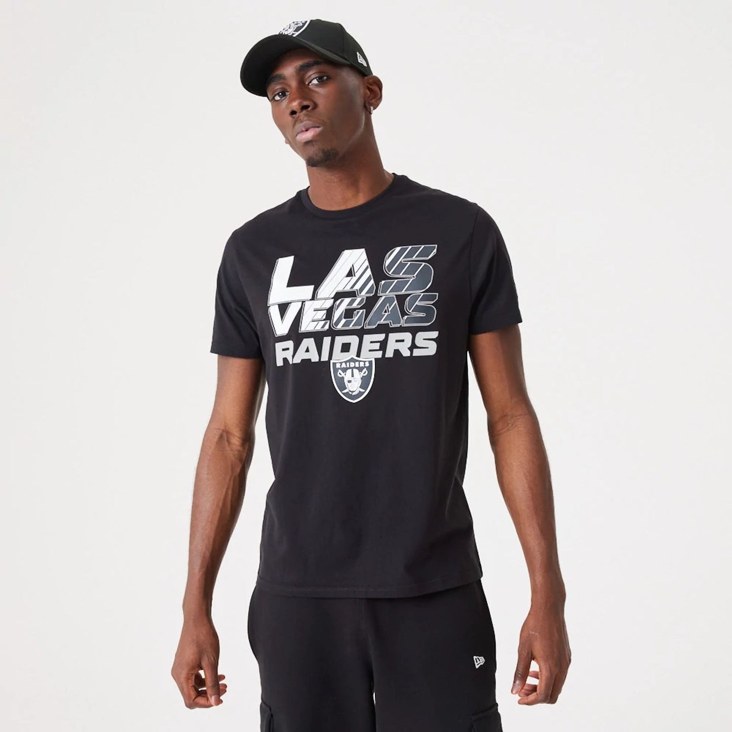 The Male model is wearing Las Vegas Raiders NFL Gradient Wordmark Black T-Shirt 1