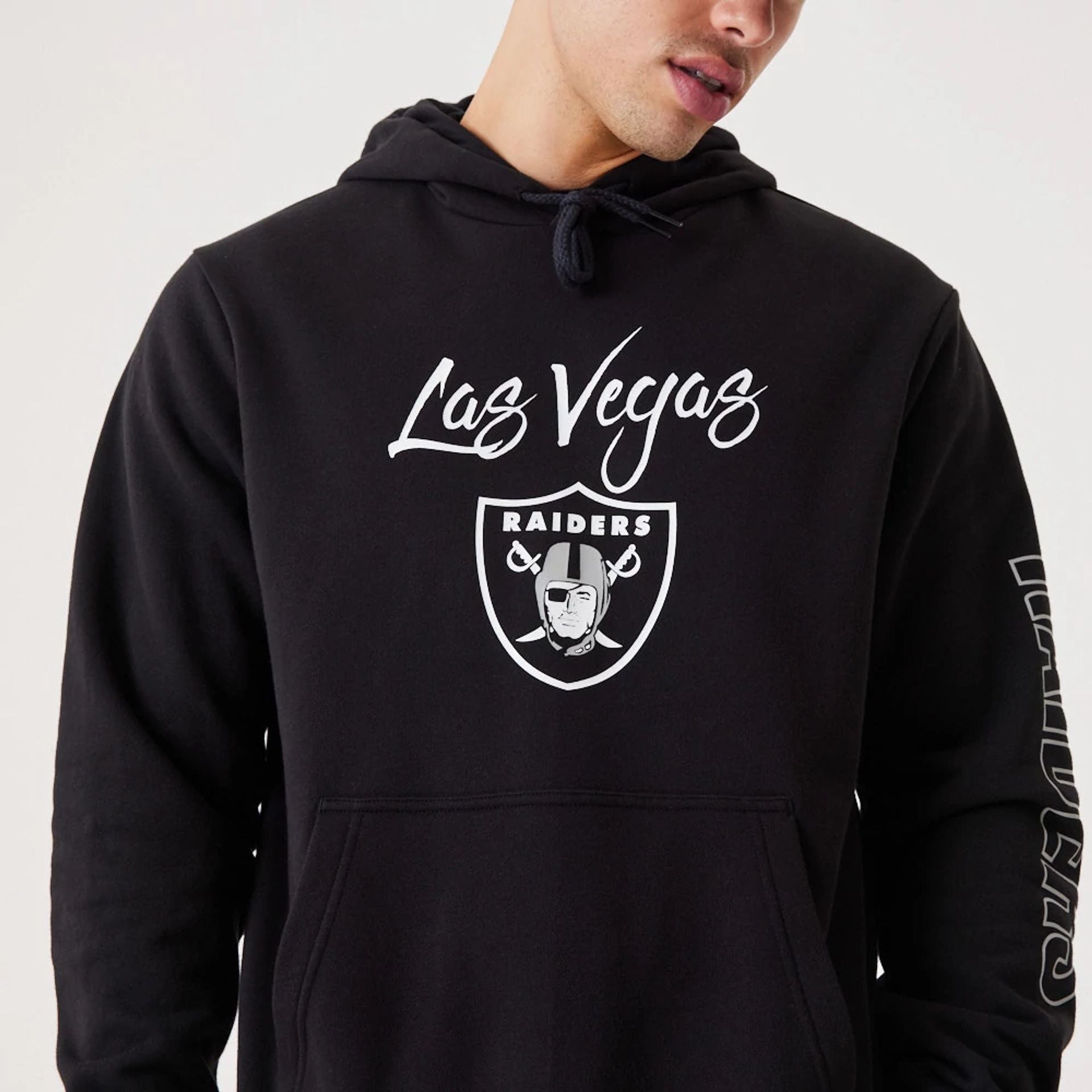 The Male model is wearing Las Vegas Raiders NFL Script Black Pullover Hoodie 5