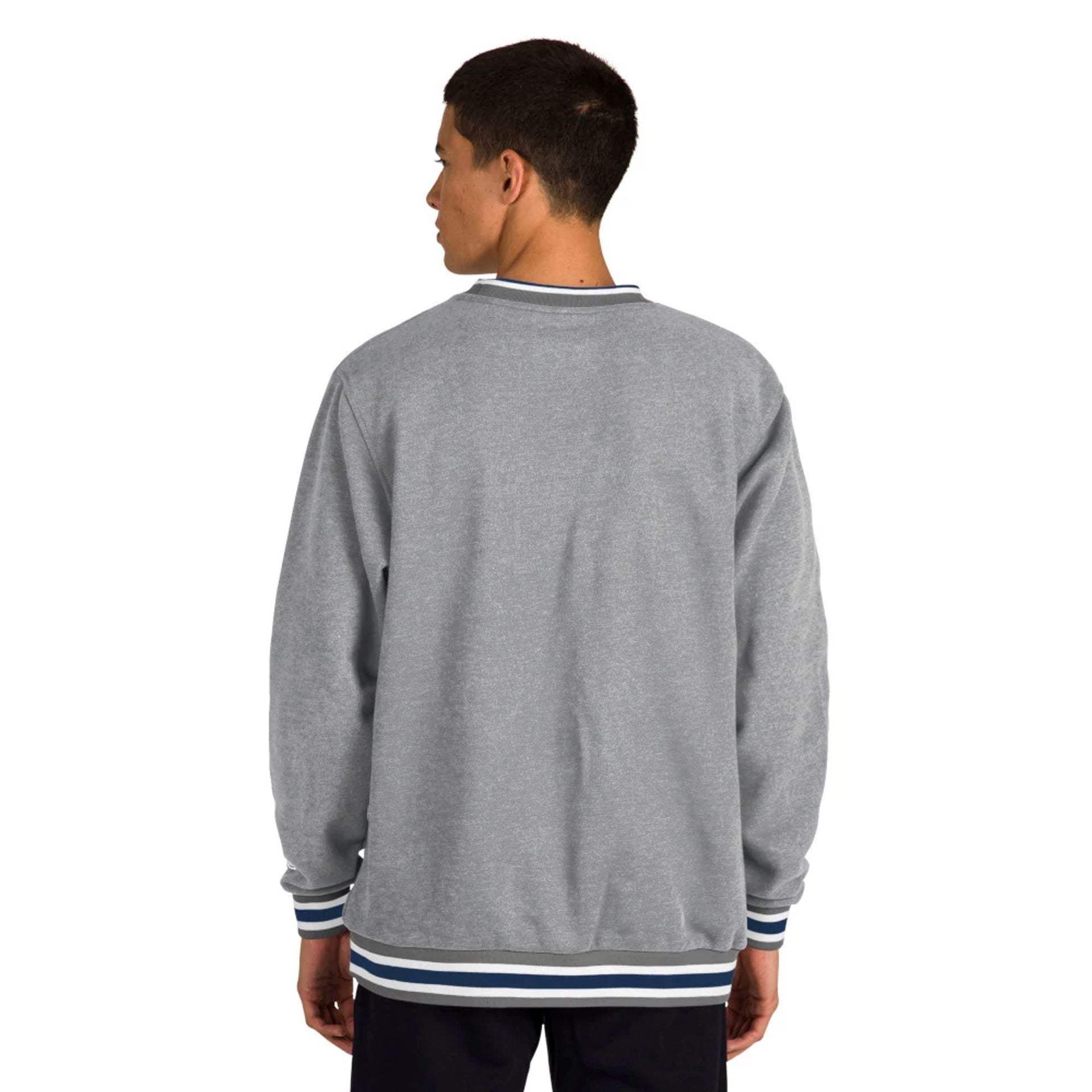 The Male model is wearing New York Yankees MLB Throwback Grey Crew Neck Sweater 2