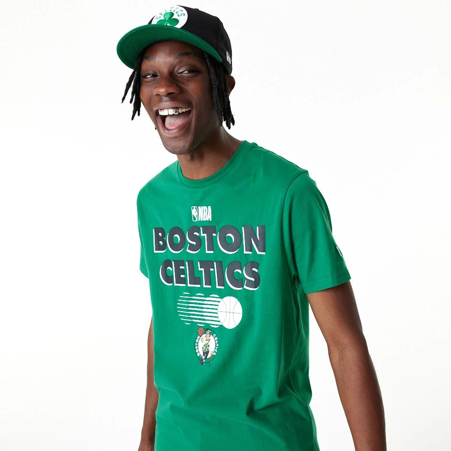 The Male model is wearing Boston Celtics Green NBA Graphic T-Shirt 4