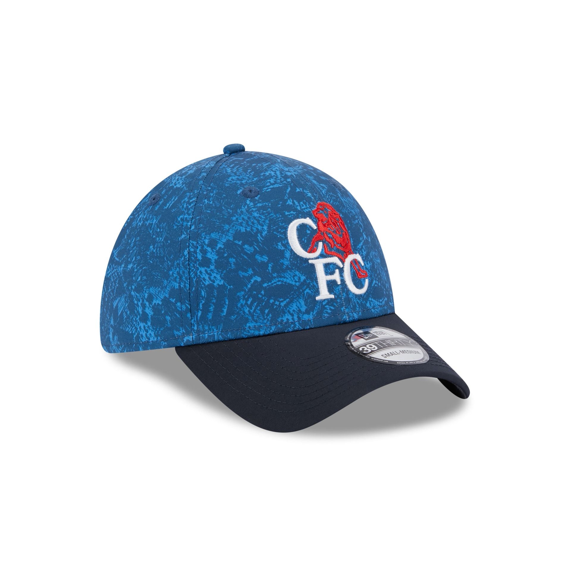 This is a Chelsea FC Lion Crest All Over Print Blue 39THIRTY Stretch Fit Cap 1