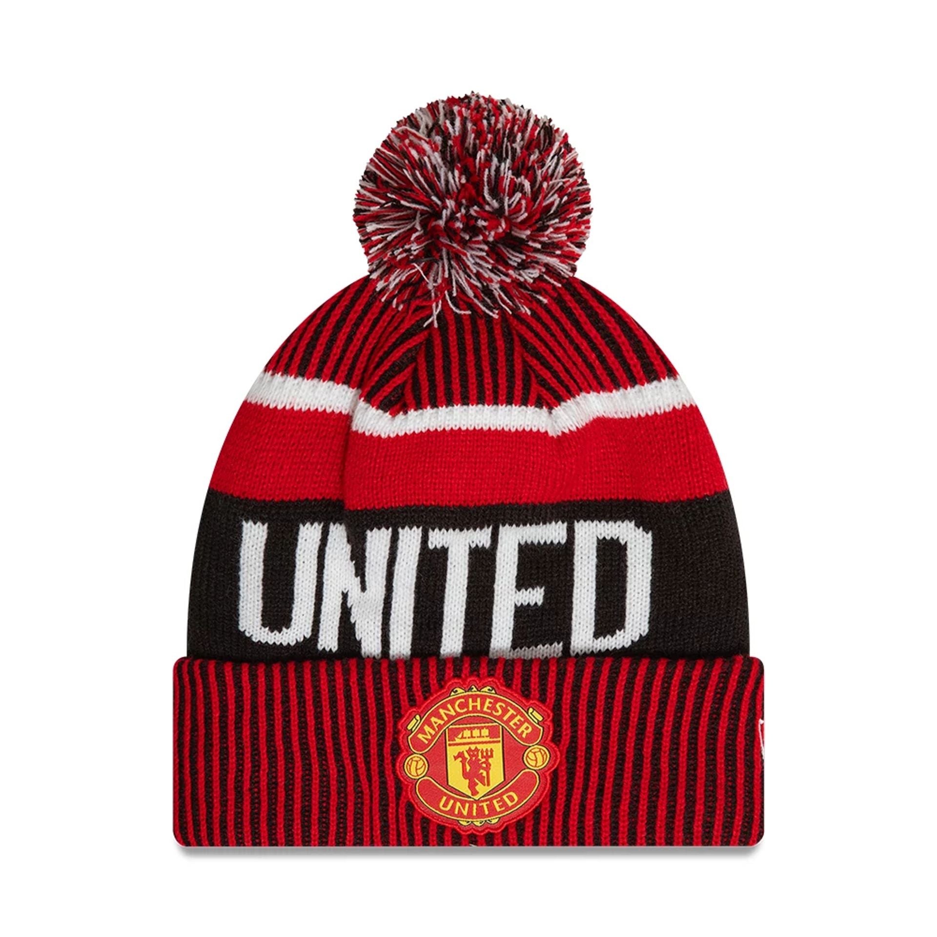 This is a Manchester United FC Red Bobble Knit Beanie Hat 1