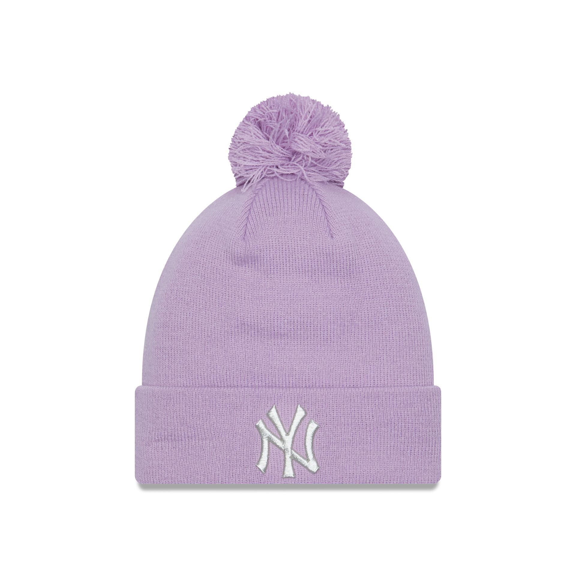 This is a New York Yankees Metallic Pom Pastel Purple Womens Bobble Knit Beanie Hat 1