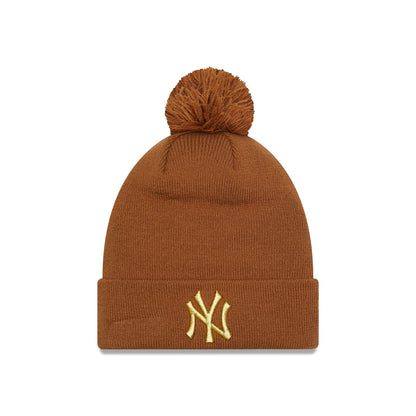 This is a New York Yankees Metallic Pom Brown Womens Bobble Knit Beanie Hat 1