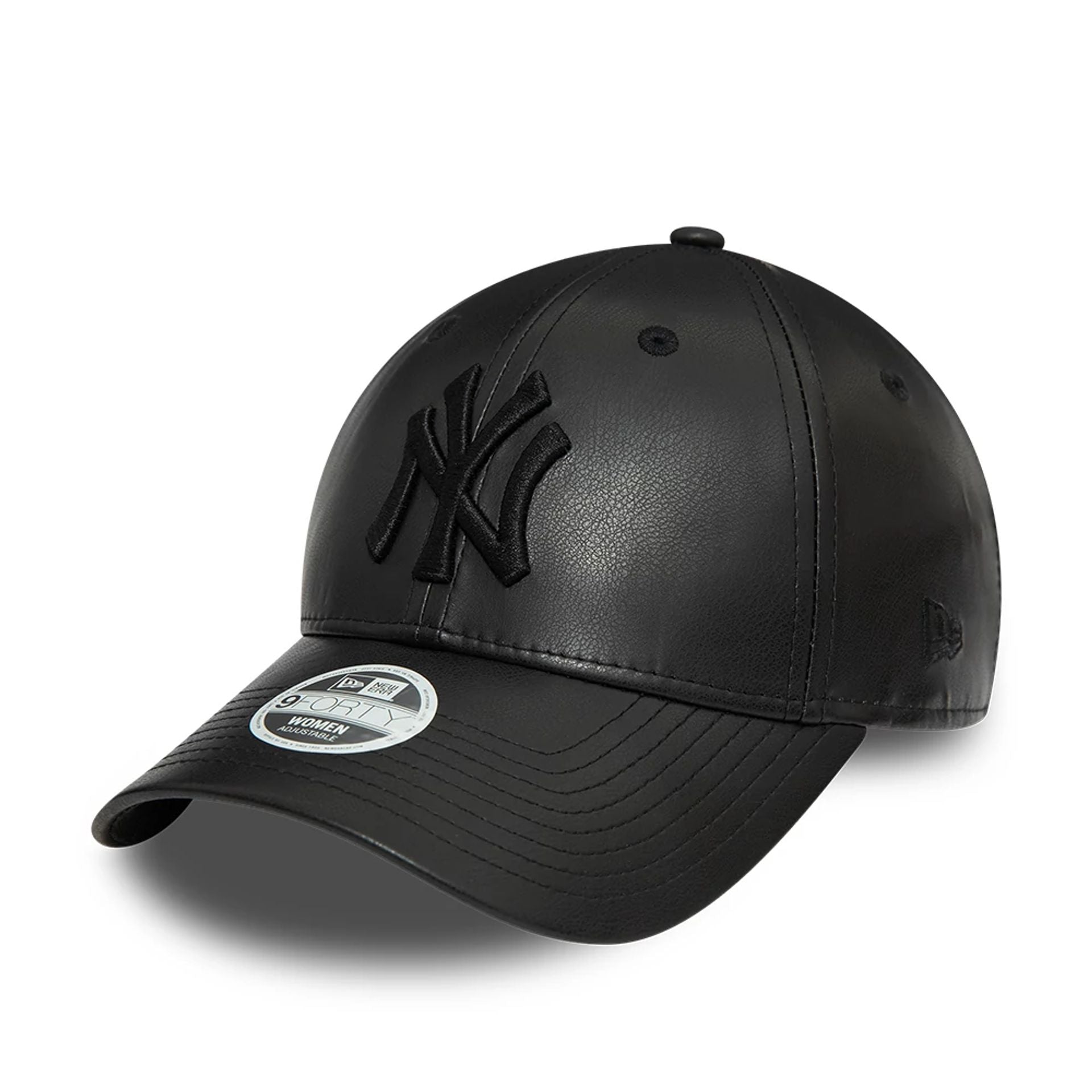 This is a New York Yankees Faux Leather Womens Black 9FORTY Adjustable Cap 1