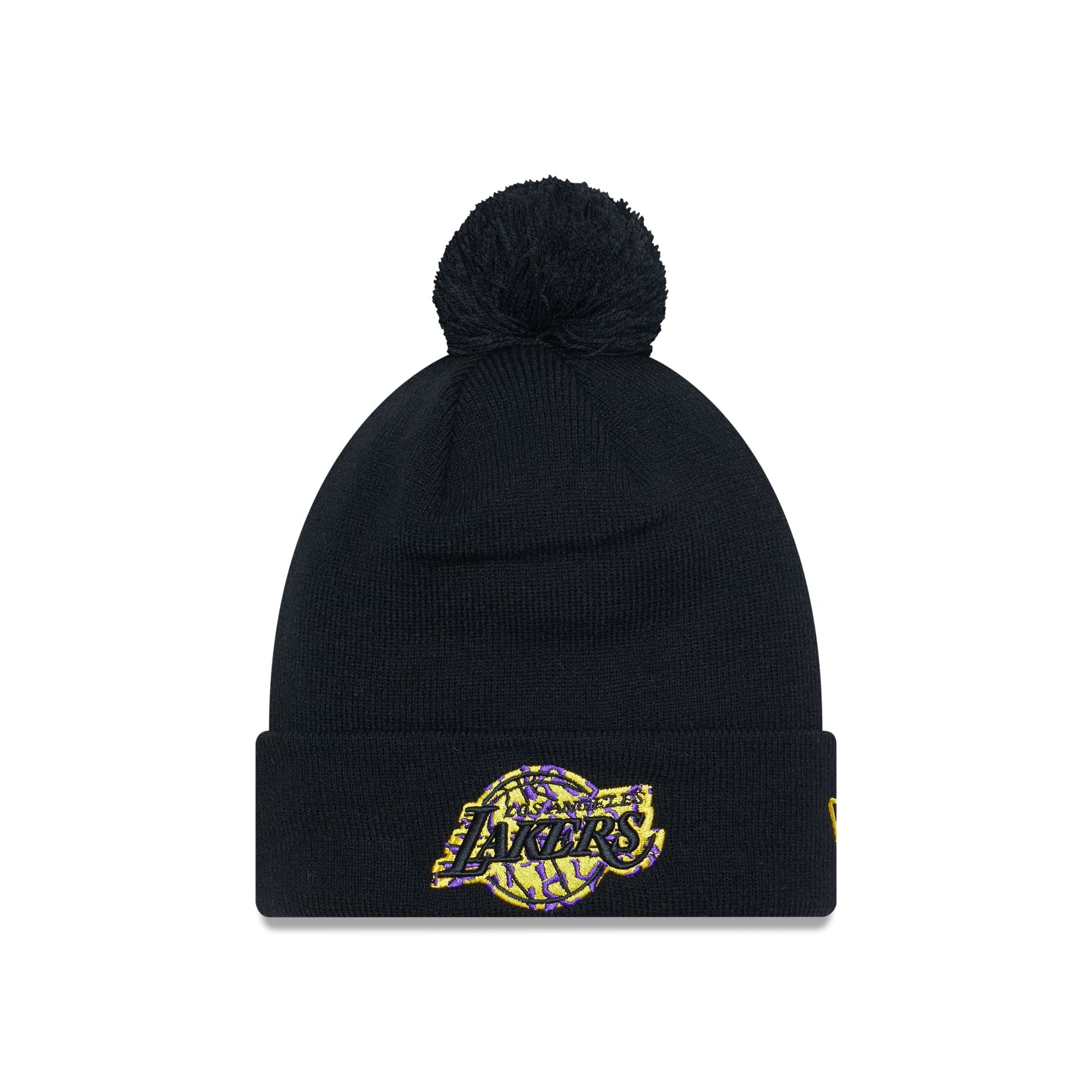 This is a LA Lakers Infill Black Bobble Knit Beanie Hat 1