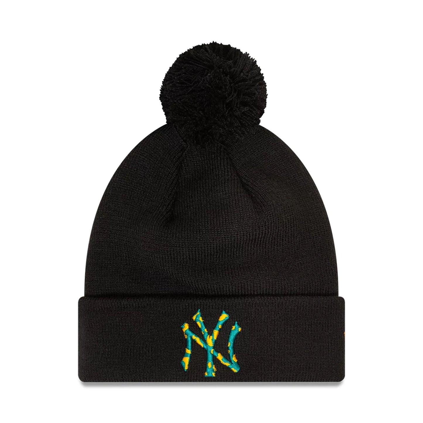 This is a New York Yankees Infill Black Bobble Knit Beanie Hat 1