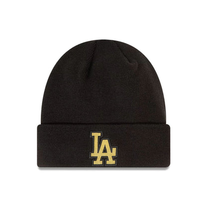 This is a LA Dodgers Metallic Badge Black Cuff Knit Beanie Hat 1