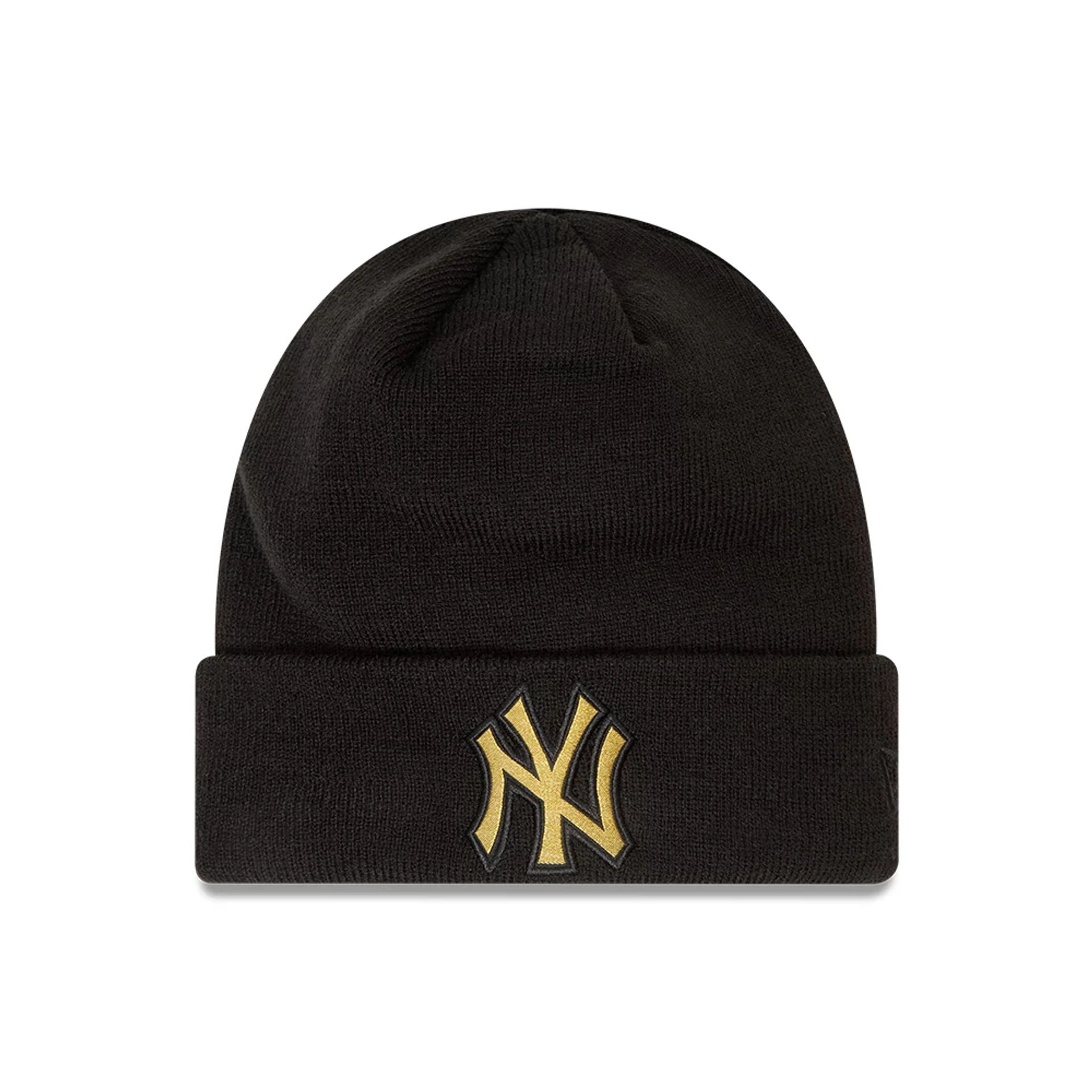 This is a New York Yankees Metallic Badge Black Cuff Knit Beanie Hat 1