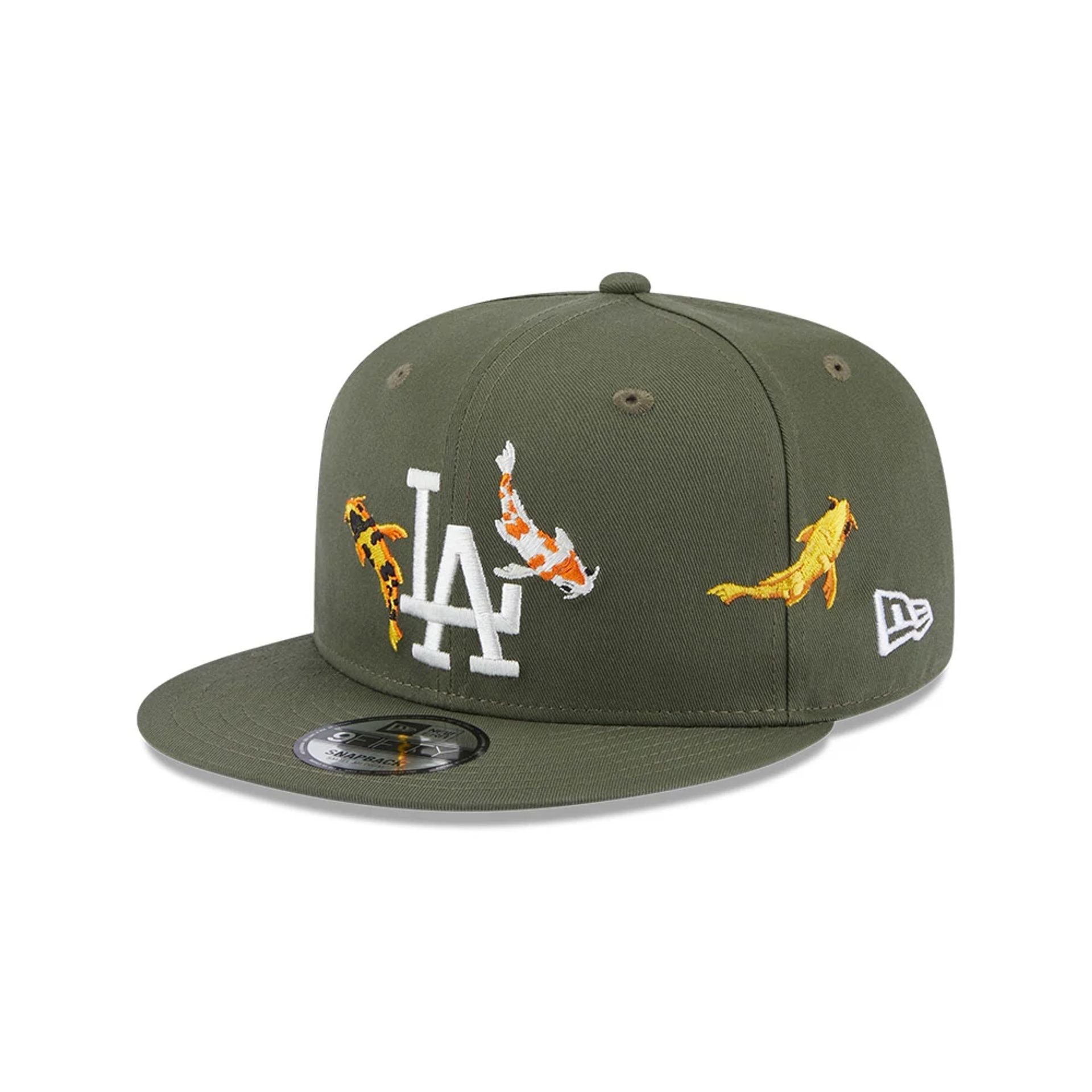 This is a LA Dodgers Koi Fish Green 9FIFTY Snapback Cap 1