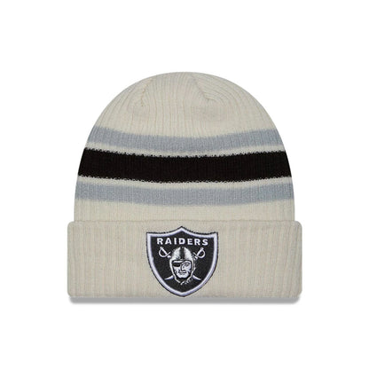 This is a Las Vegas Raiders NFL Light Beige Cuff Knit Beanie Hat 1