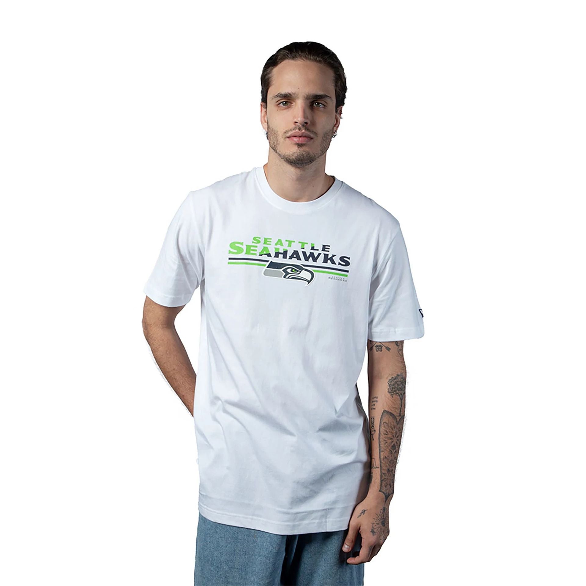 The Male model is wearing Seattle Seahawks NFL Sideline 2023 White T-Shirt 2