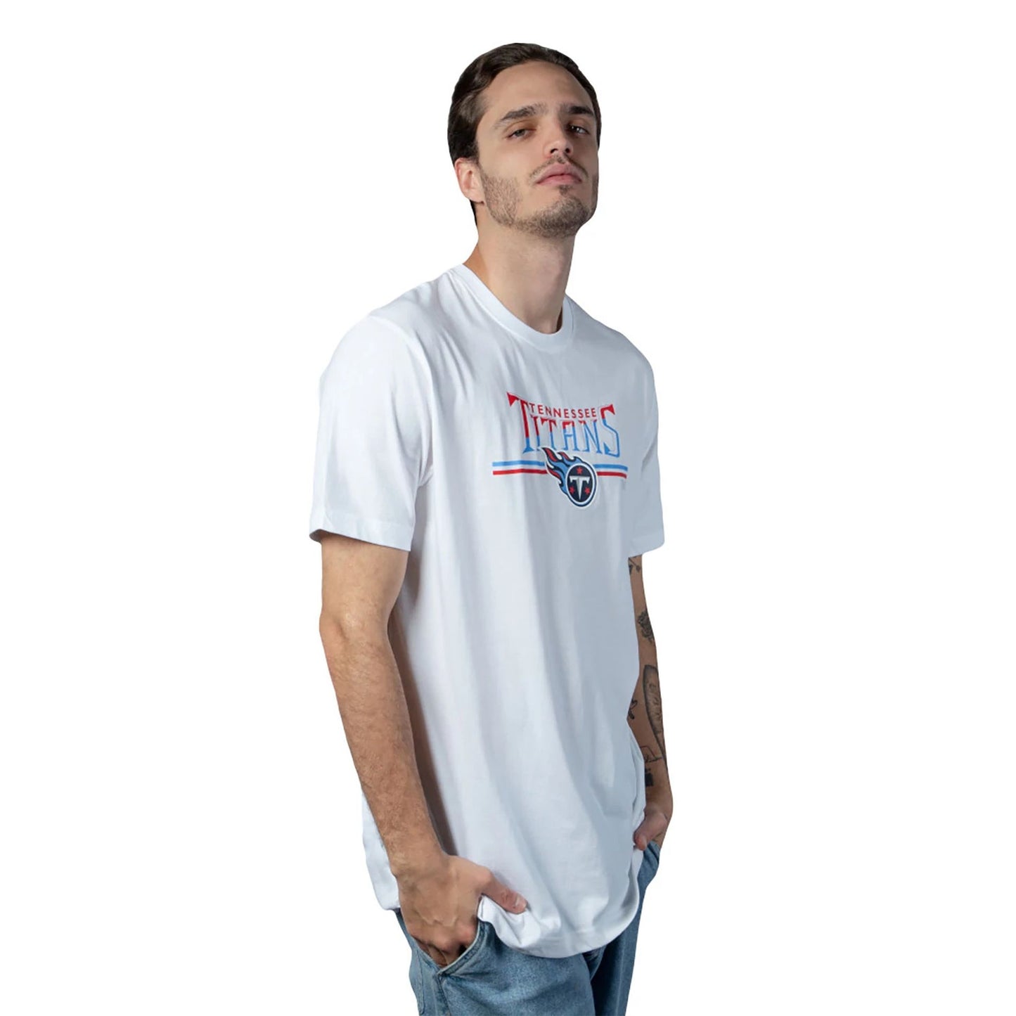 The Male model is wearing Tennessee Titans NFL Sideline 2023 White T-Shirt 3