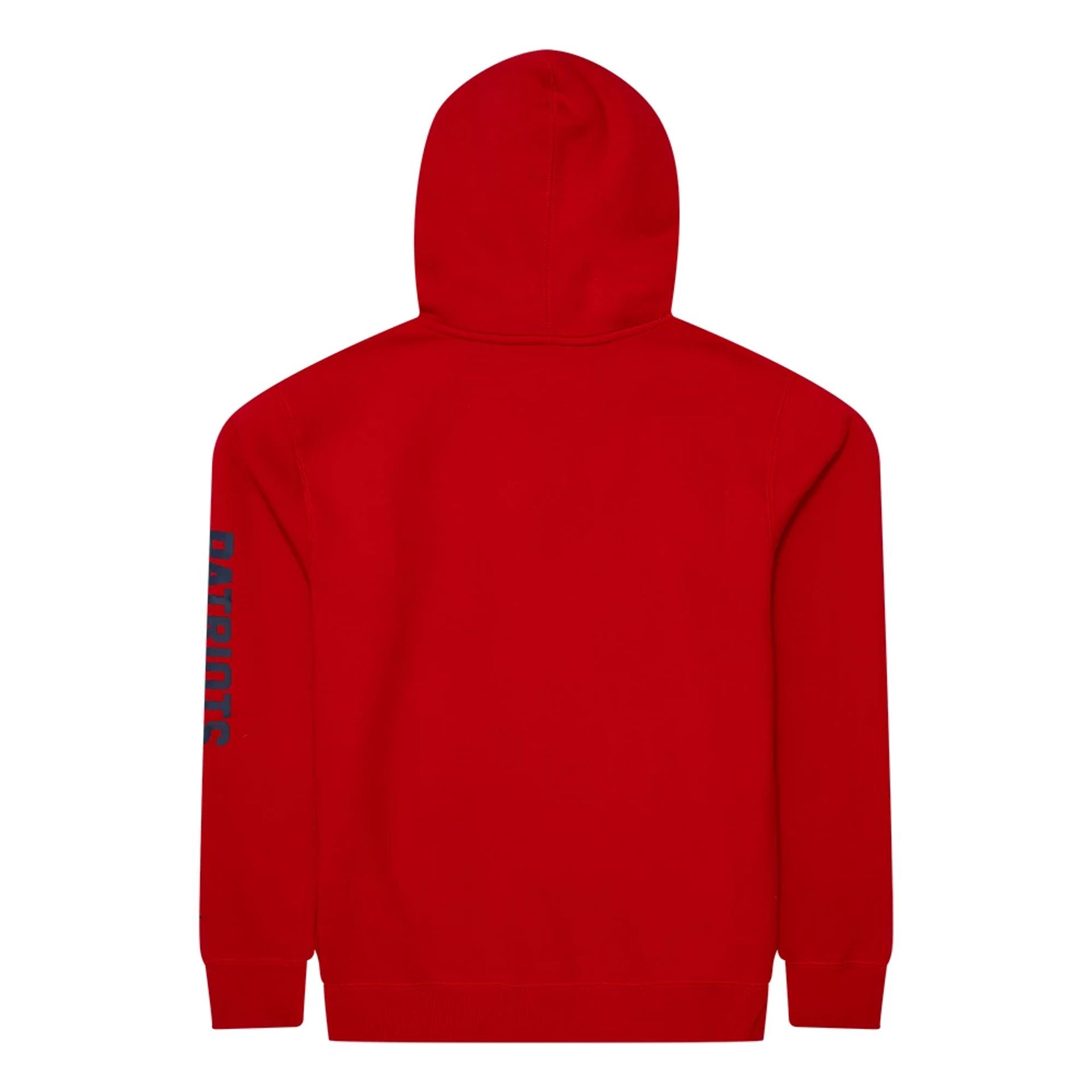 The Male model is wearing New England Patriots NFL Sideline 2023 Third Down Red Oversized Pullover Hoodie 2