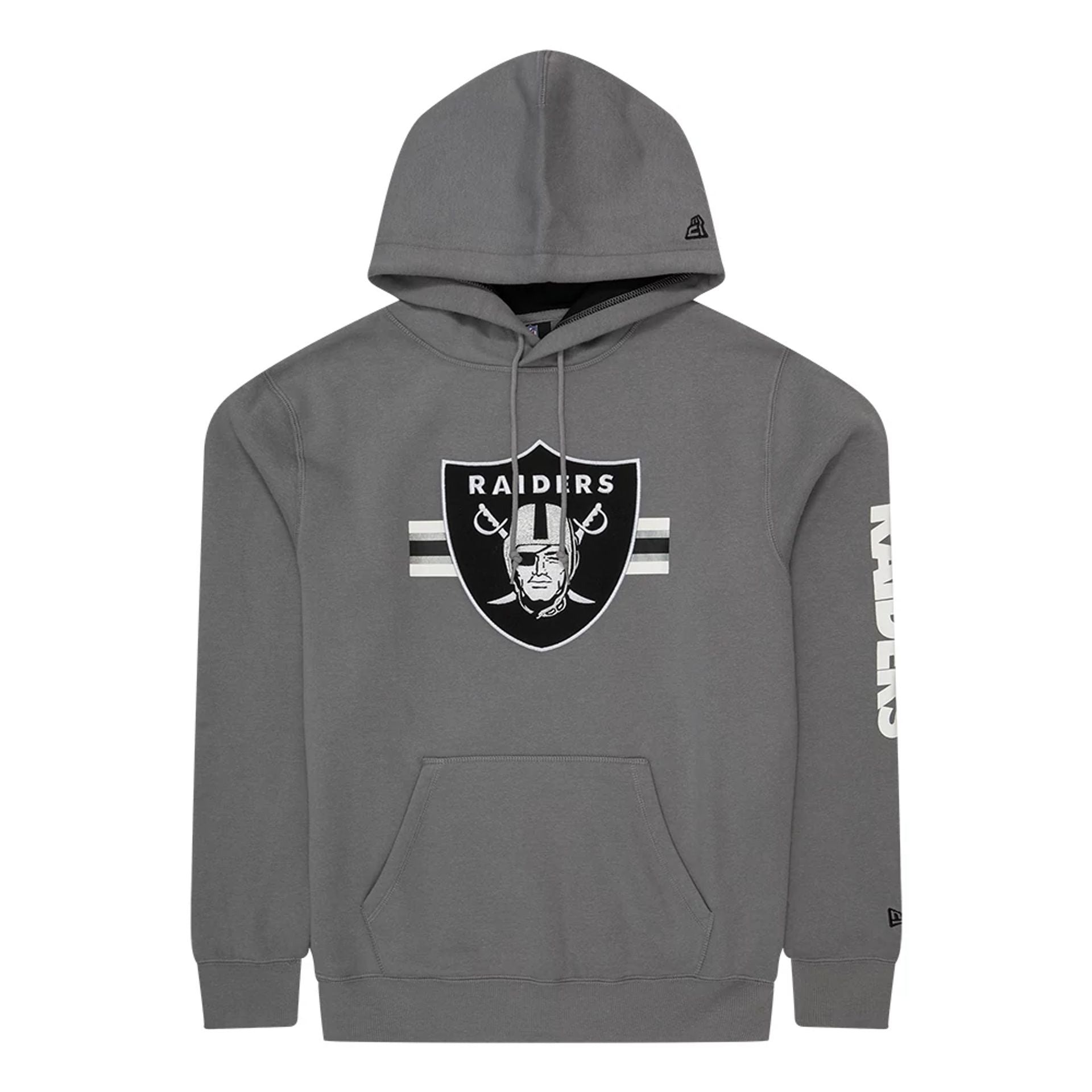 The Male model is wearing Las Vegas Raiders NFL Sideline 2023 Third Down Grey Oversized Pullover Hoodie 1