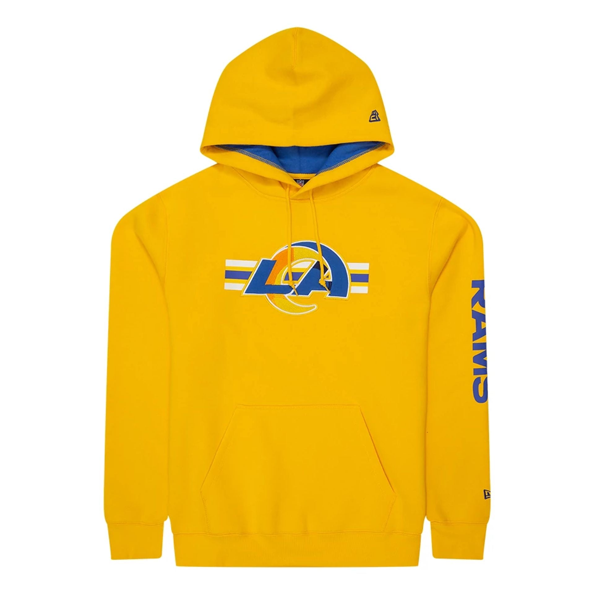 The Male model is wearing LA Rams NFL Sideline 2023 Third Down Yellow Oversized Pullover Hoodie 1