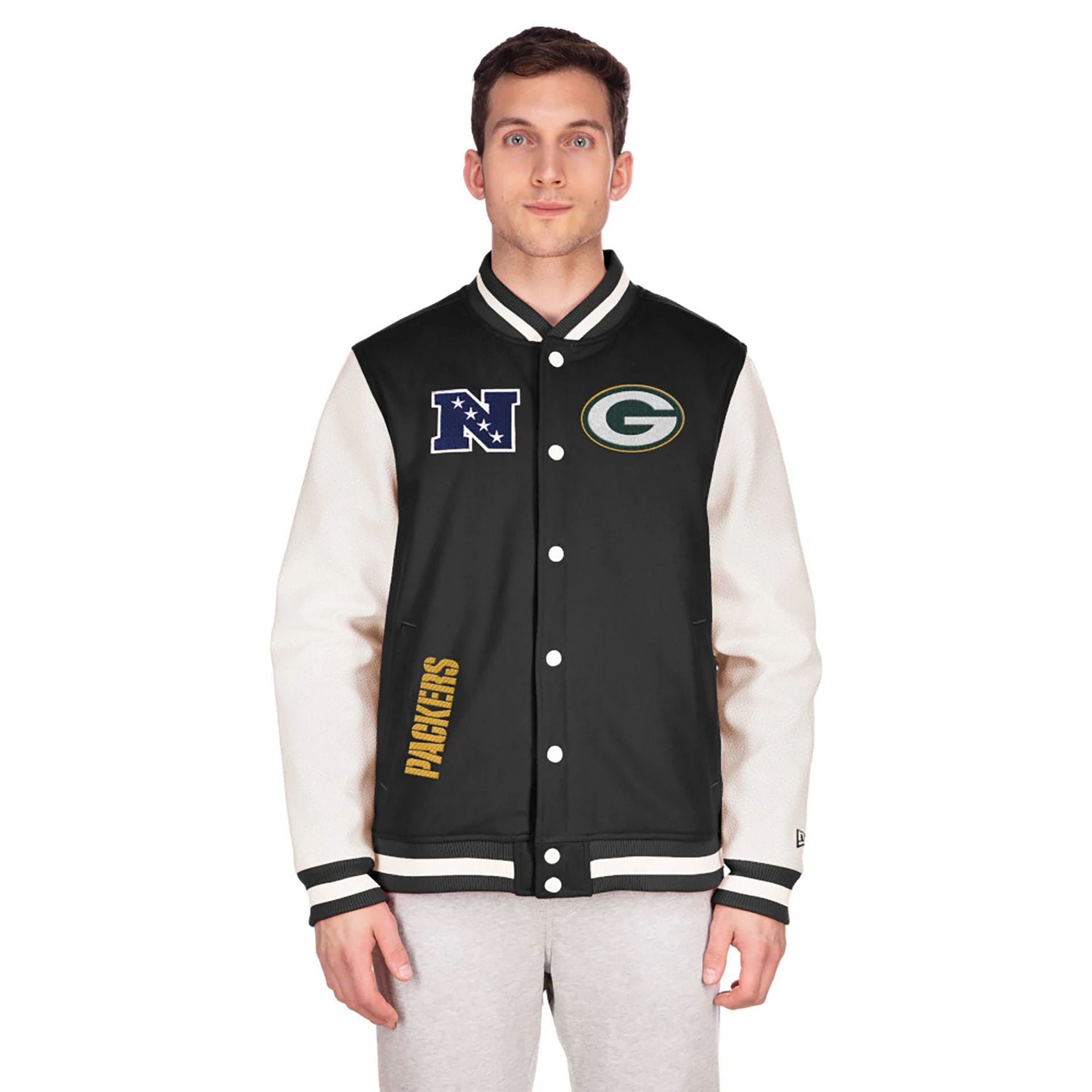 The Male model is wearing Green Bay Packers NFL Sideline 2023 Third Down Black Varsity Jacket 1