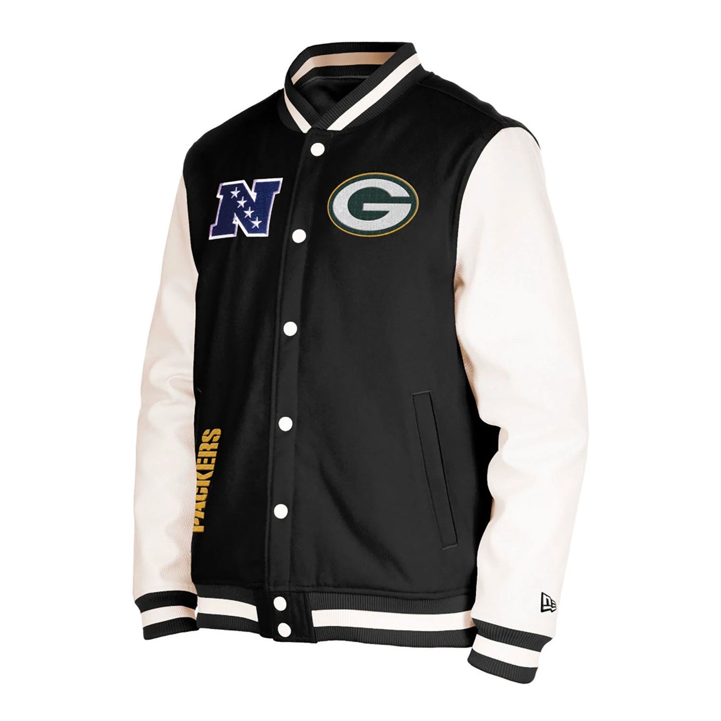 The Male model is wearing Green Bay Packers NFL Sideline 2023 Third Down Black Varsity Jacket 3