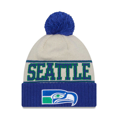 This is a Seattle Seahawks NFL Sideline 2023 Blue Bobble Knit Beanie Hat 1