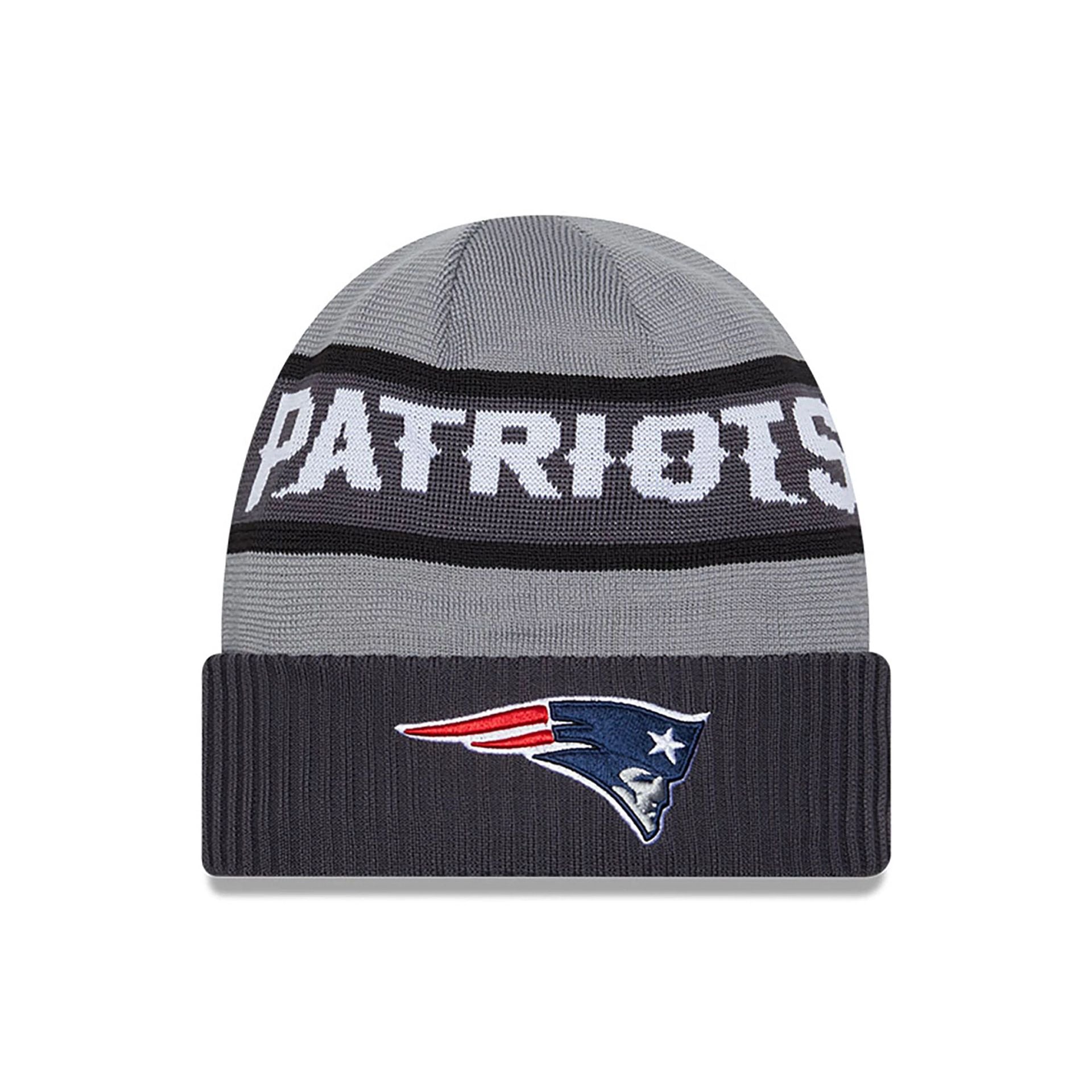 This is a New England Patriots NFL Sideline 2023 Grey Cuff Knit Beanie Hat 2