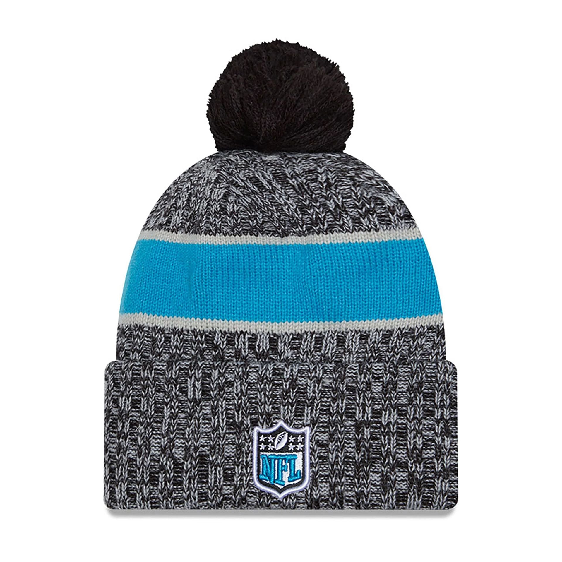 This is a Carolina Panthers NFL Sideline 2023 Black Bobble Knit Hat 1