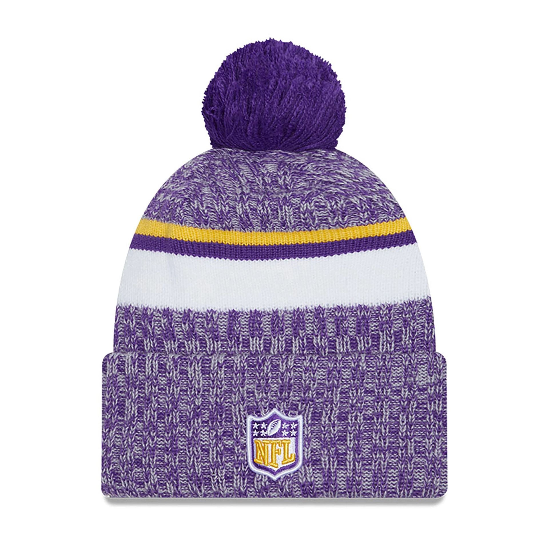 This is a Minnesota Vikings NFL Sideline 2023 Purple Bobble Knit Hat 1