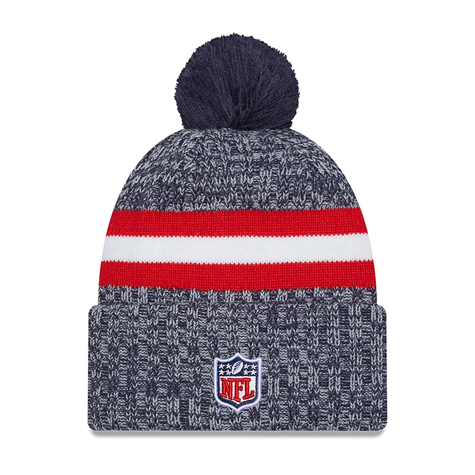 This is a New England Patriots NFL Sideline 2023 Navy Bobble Knit Hat 1