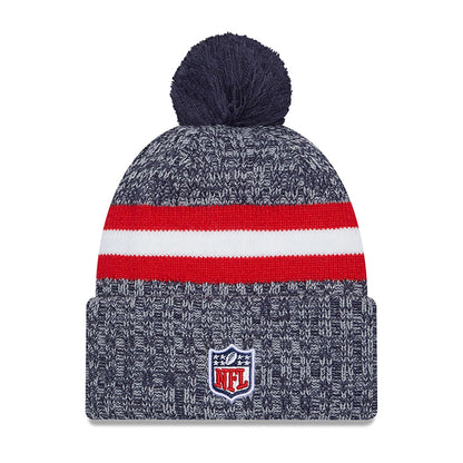 This is a New England Patriots NFL Sideline 2023 Navy Bobble Knit Hat 1