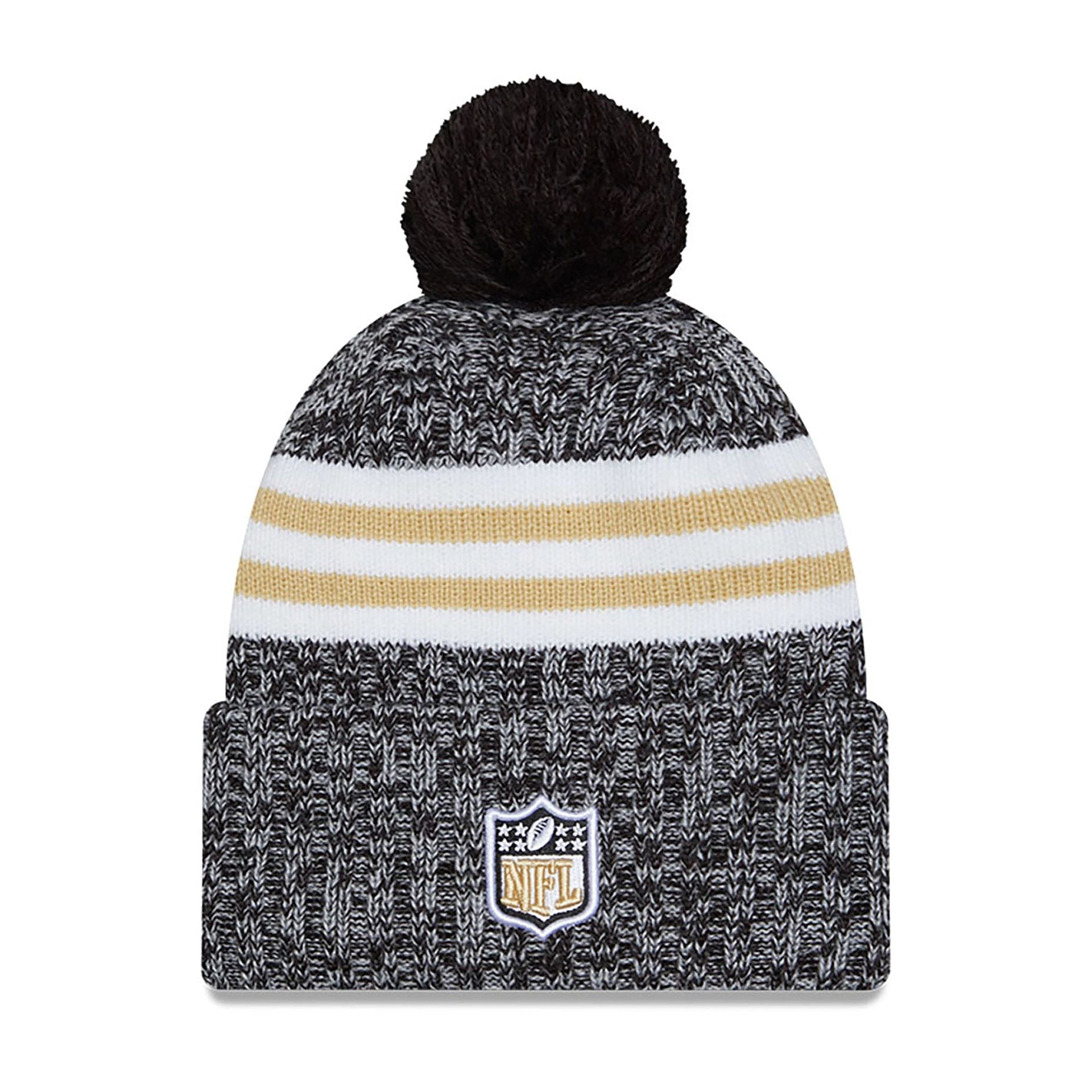 This is a New Orleans Saints NFL Sideline 2023 Black Bobble Knit Hat 1