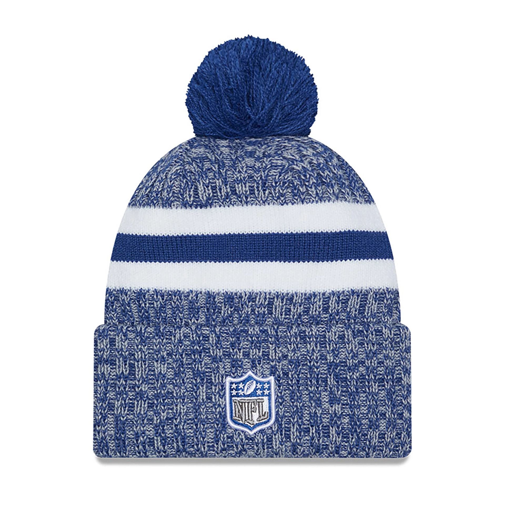 This is a Indianapolis Colts NFL Sideline 2023 Blue Bobble Knit Hat 1