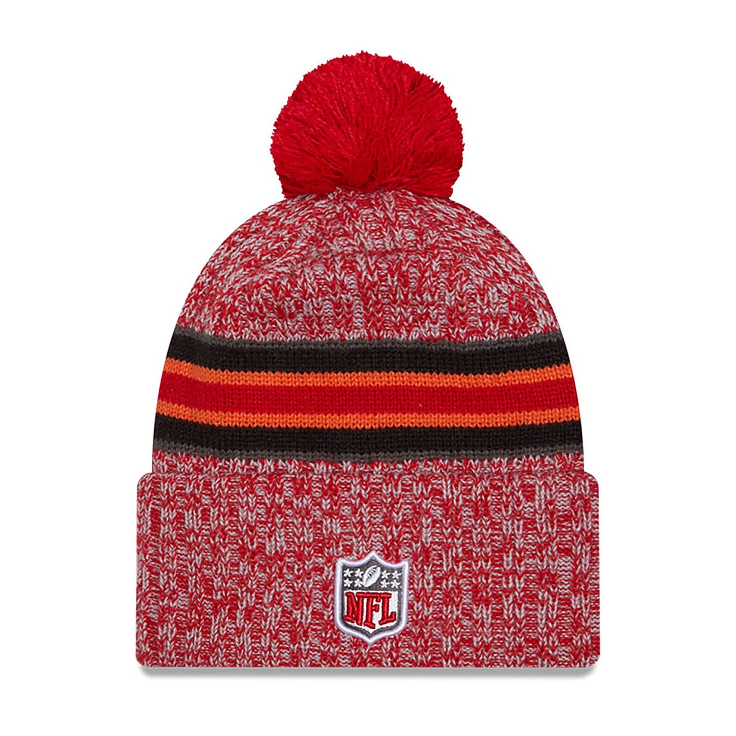 This is a Tampa Bay Buccaneers NFL Sideline 2023 Red Bobble Knit Hat 1