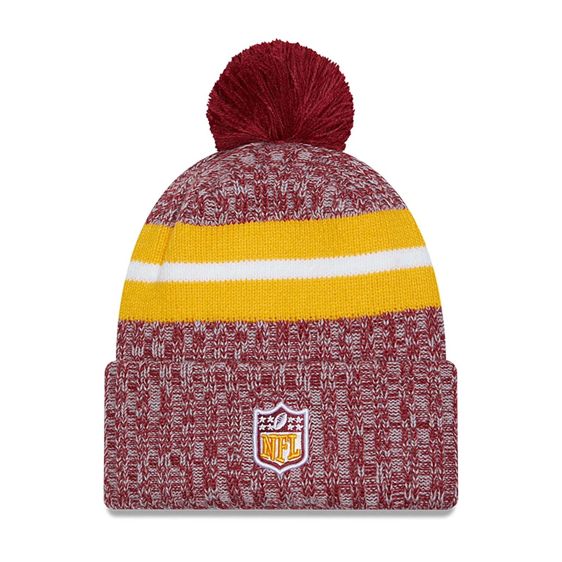 This is a Washington Commanders NFL Sideline 2023 Red Bobble Knit Hat 1