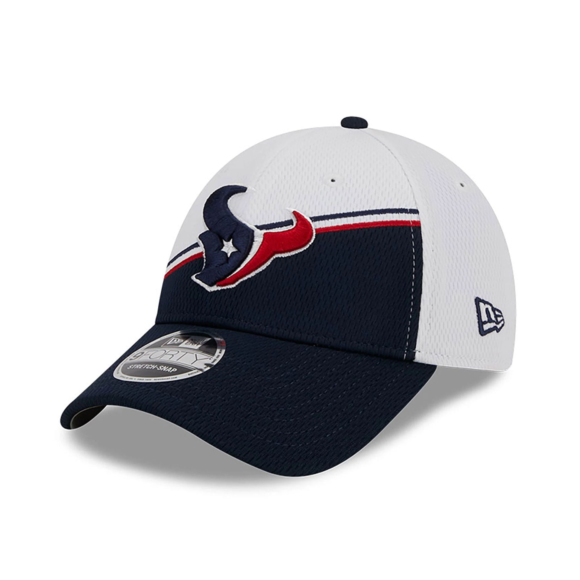 This is a Houston Texans NFL Sideline 2023 White 9FORTY Stretch Snap Cap 1