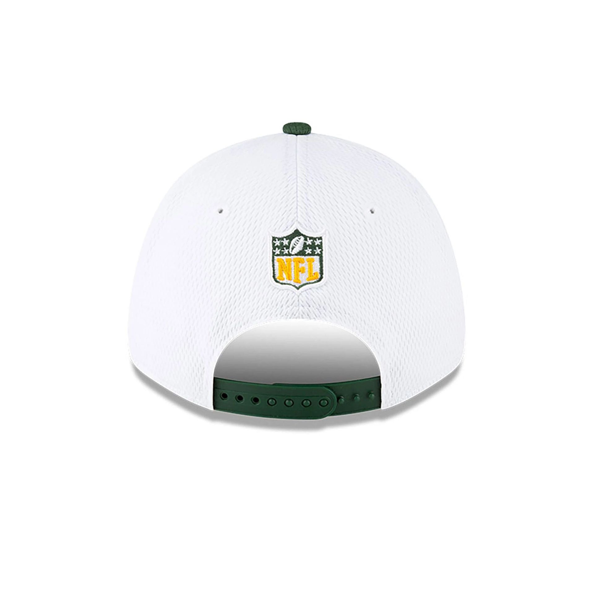 This is a Green Bay Packers NFL Sideline 2023 White 9FORTY Stretch Snap Cap 6