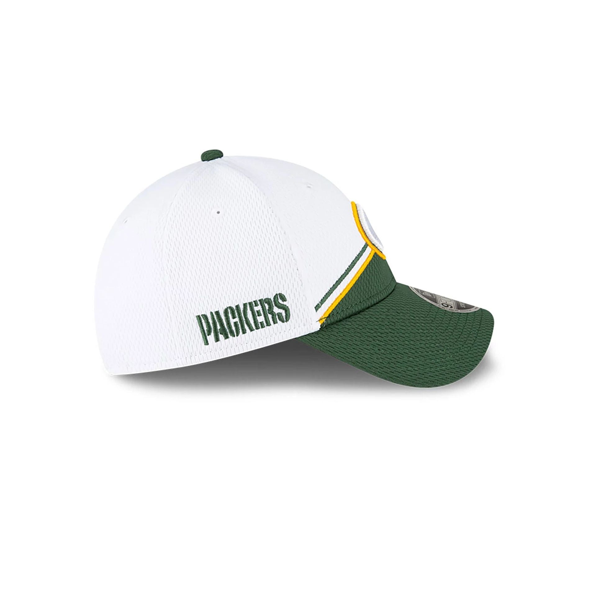 This is a Green Bay Packers NFL Sideline 2023 White 9FORTY Stretch Snap Cap 7