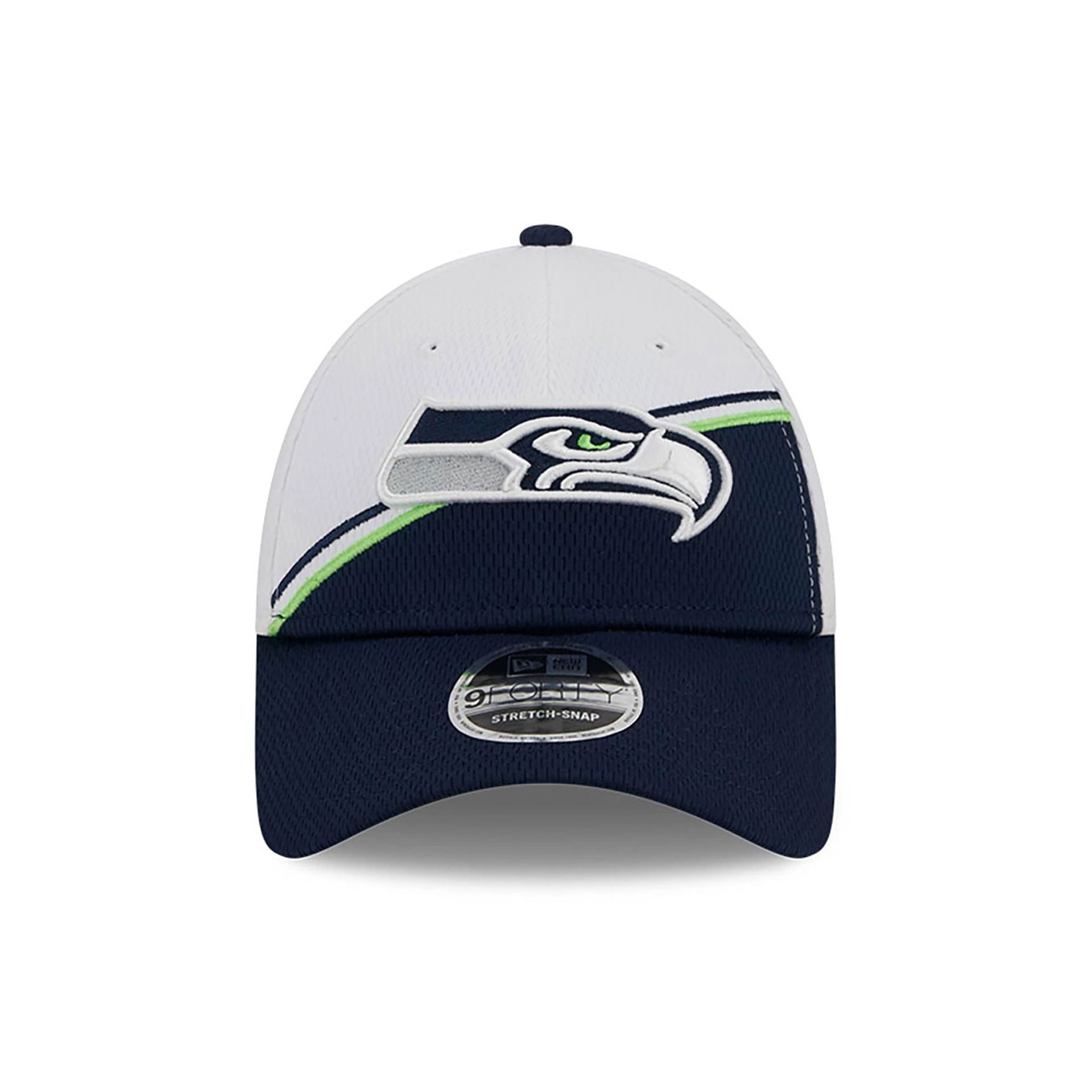 This is a Seattle Seahawks NFL Sideline 2023 White 9FORTY Stretch Snap Cap 3