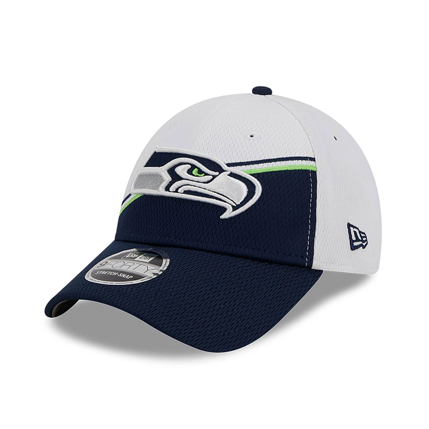 This is a Seattle Seahawks NFL Sideline 2023 White 9FORTY Stretch Snap Cap 1