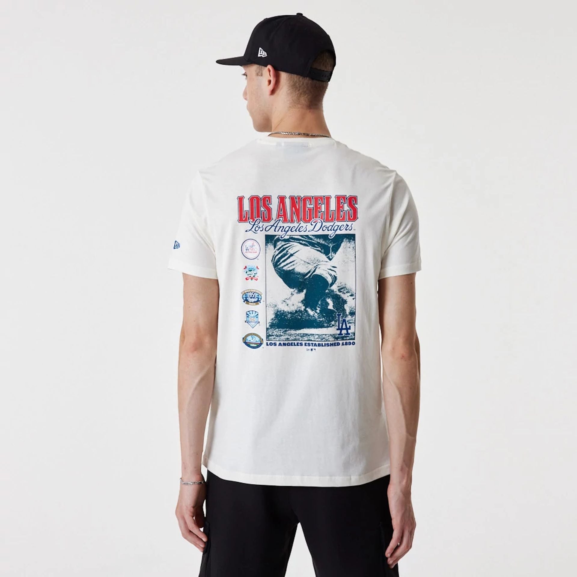 The Male model is wearing LA Dodgers MLB Team Graphic White T-Shirt 7