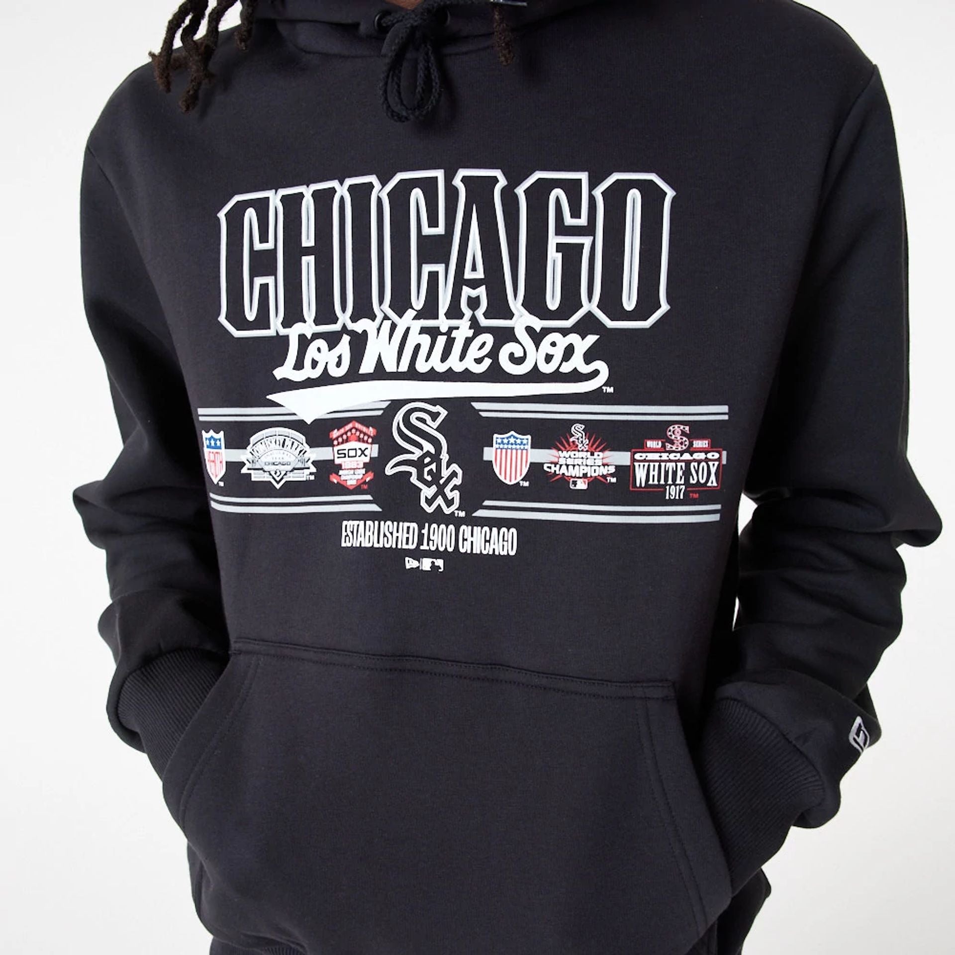 The Male model is wearing Chicago White Sox MLB Team Graphic Black Hoodie 1