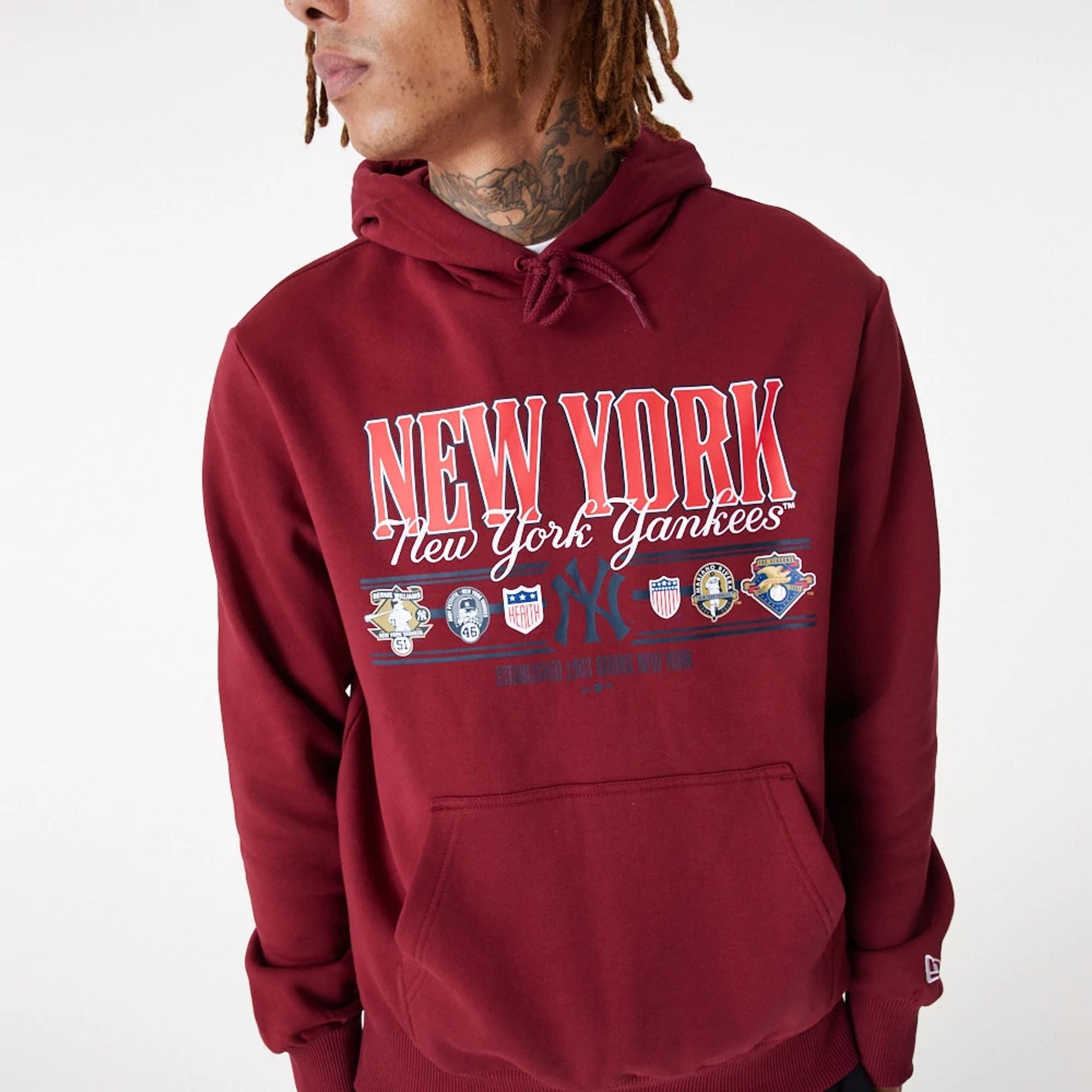 The Male model is wearing New York Yankees MLB Team Graphic Dark Red Hoodie 1