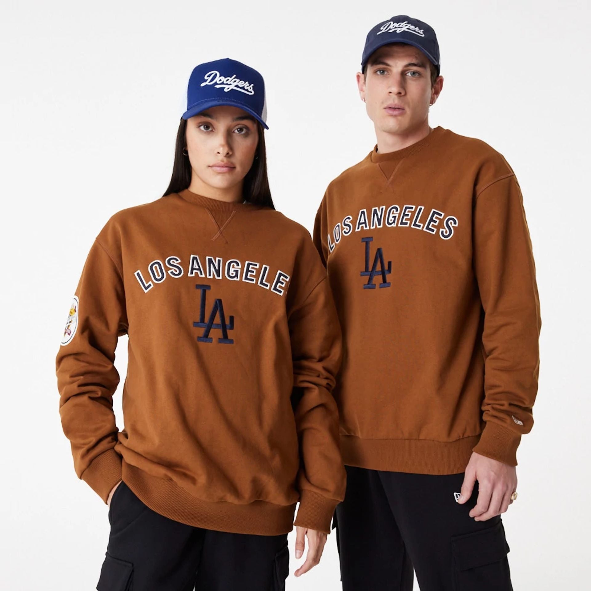 The Male model is wearing LA Dodgers MLB Large Logo Brown Crew Neck Sweatshirt 8