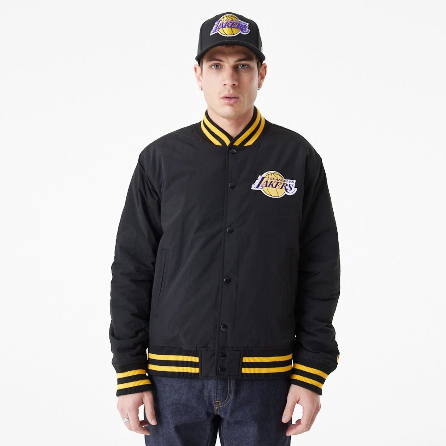 The Male model is wearing LA Lakers Team Script Black Bomber Jacket 6