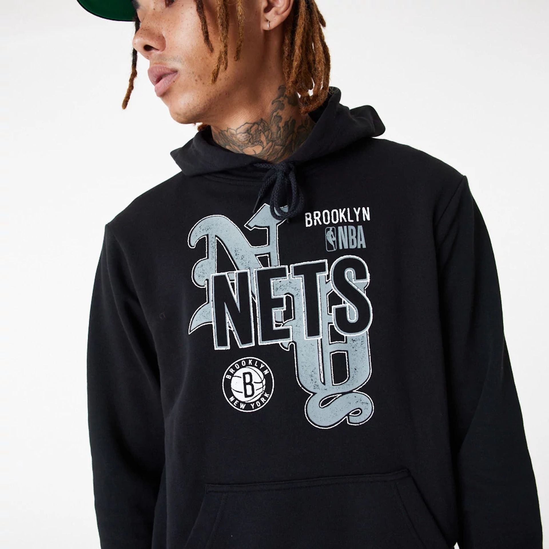 The Male model is wearing Brooklyn Nets NBA Team Graphic Black Pullover Hoodie 6