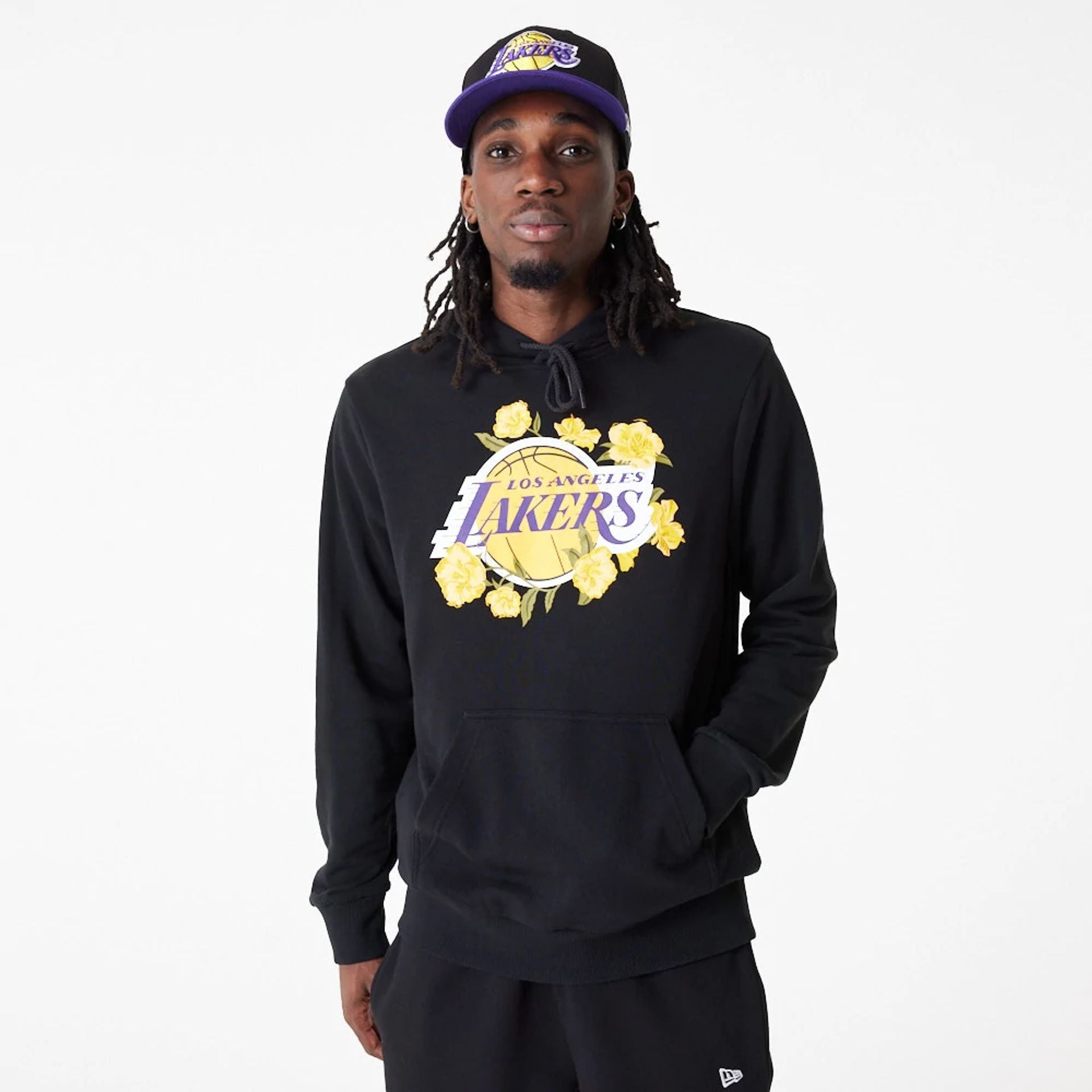 The Male model is wearing LA Lakers NBA Floral Graphic Black Pullover Hoodie 6