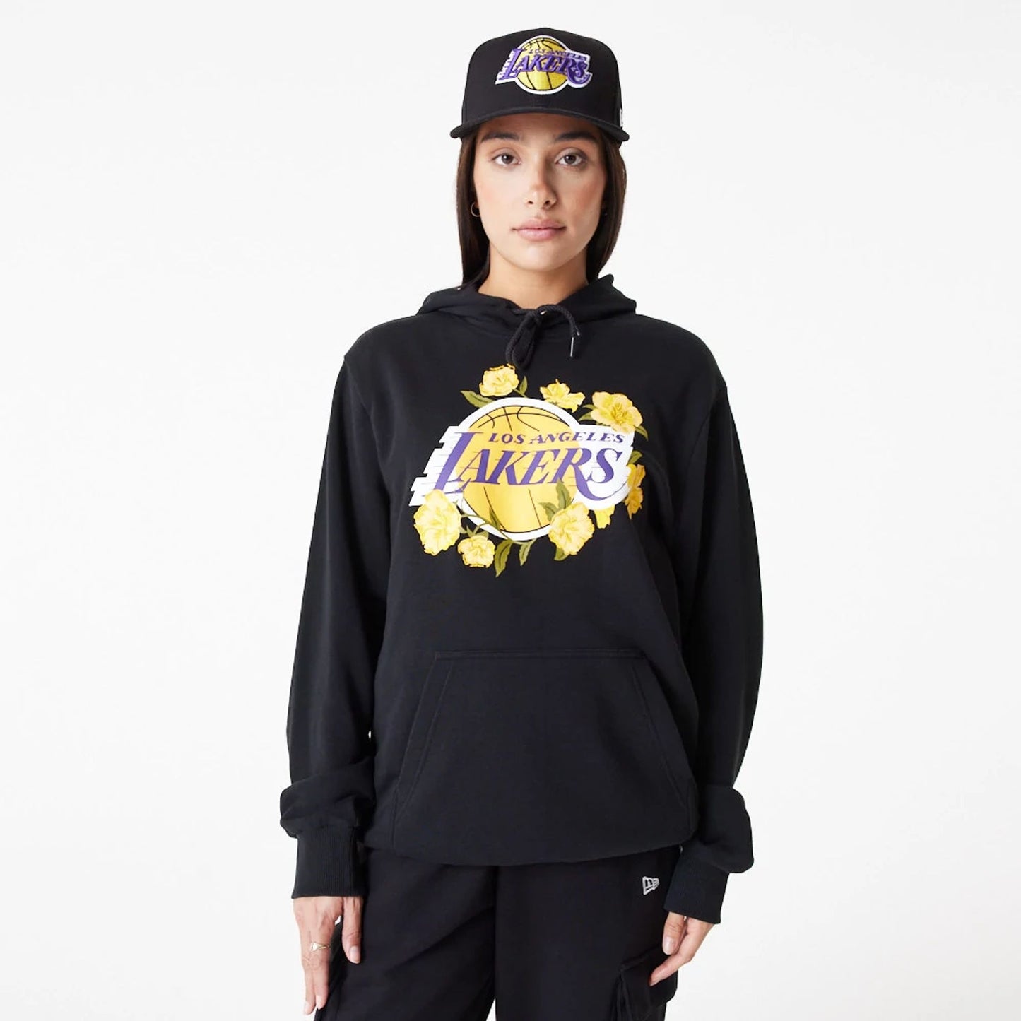 The Male model is wearing LA Lakers NBA Floral Graphic Black Pullover Hoodie 4