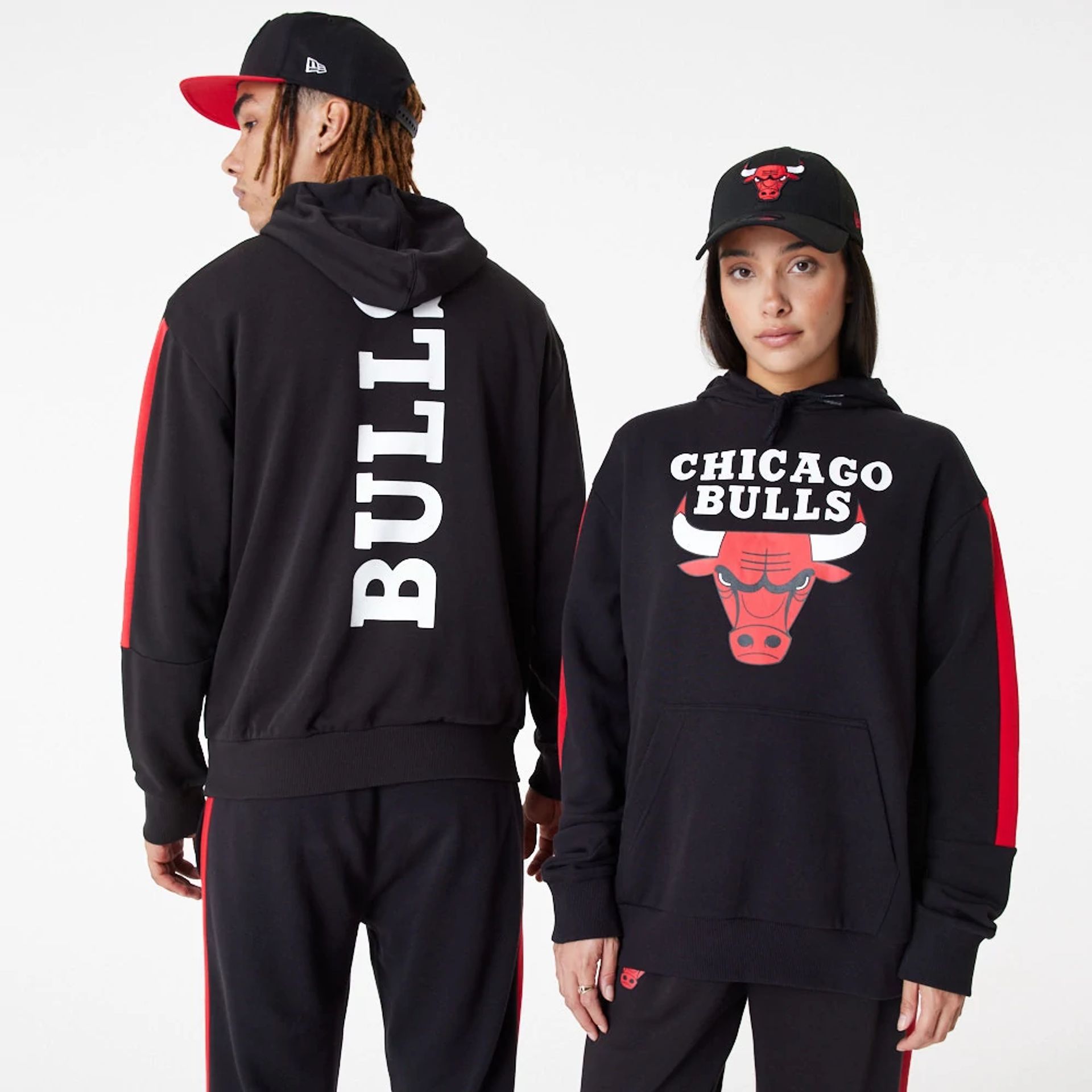 The Male model is wearing Chicago Bulls NBA Colour Block Black Pullover Hoodie 5