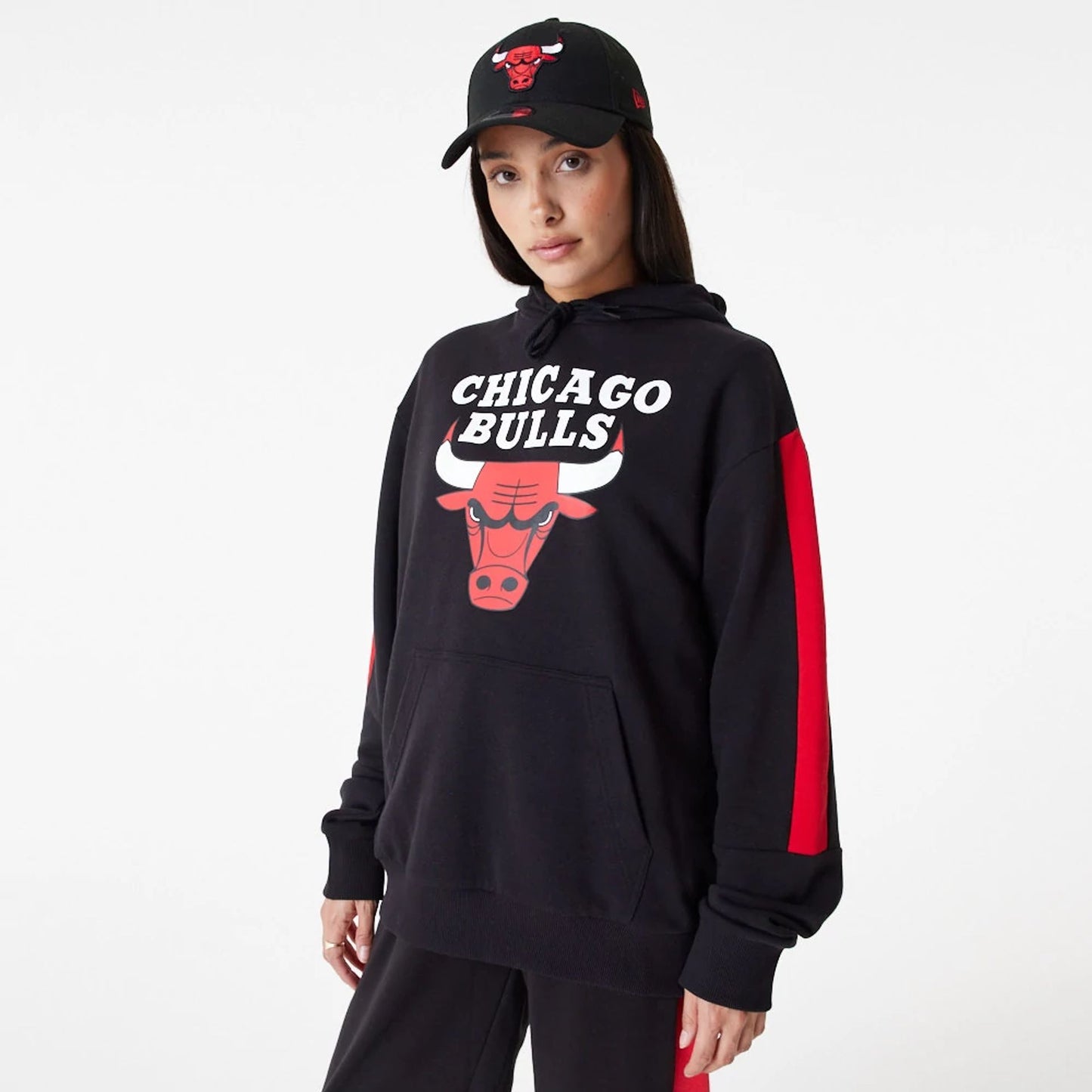 The Male model is wearing Chicago Bulls NBA Colour Block Black Pullover Hoodie 3